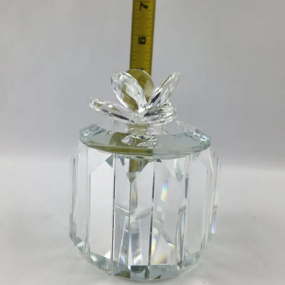 Faceted Crystal Glass Panel Trinket Jar with Lid Prismatic Vanity Decor
